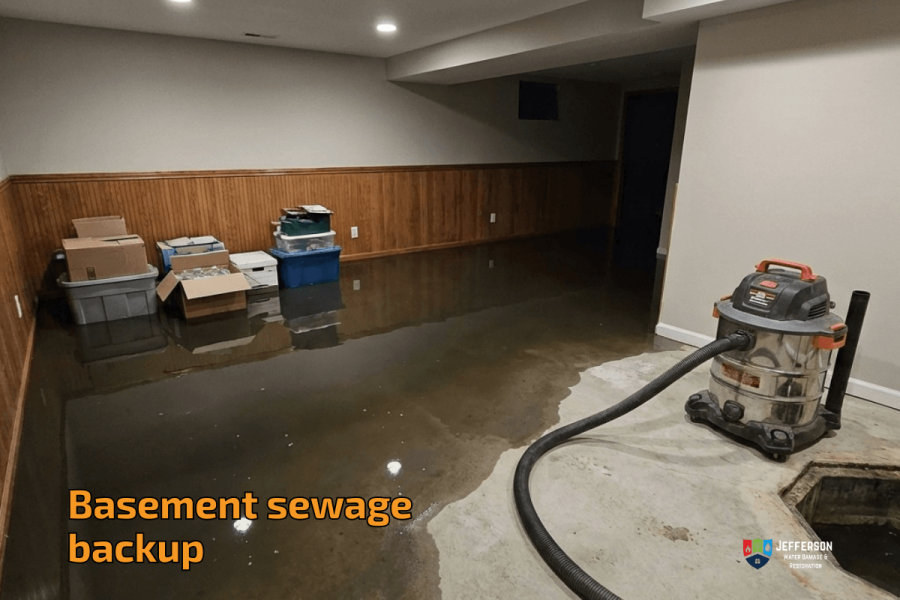 Basement sewage backup requiring professional cleanup