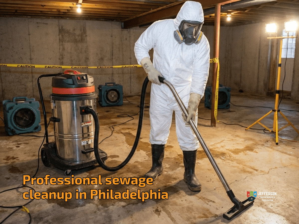 Professional sewage cleanup with protective equipment in residential basement philadelphia