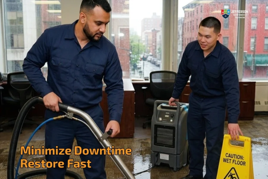 water damage restoration technicians extracting water in commercial building Philadelphia